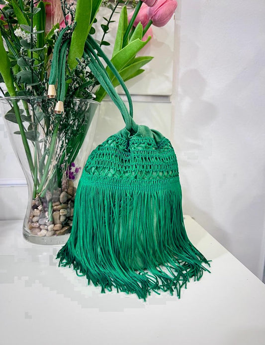 Bombonera crochet flecos esmeralda | Paraiso